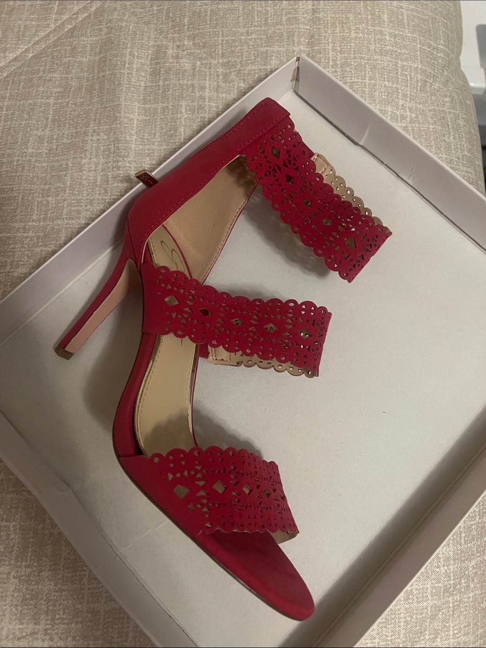 Jessica Simpson Red Laser-Cut Two-Band High Heel Sandals